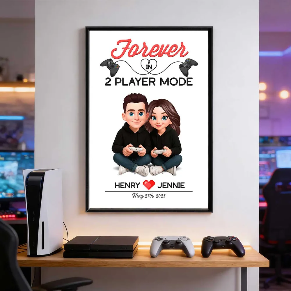 Personalized Gaming Couple Poster Forever In 2 Player Mode Sitting With Controllers Unique Gift For Him & Her - Image 5