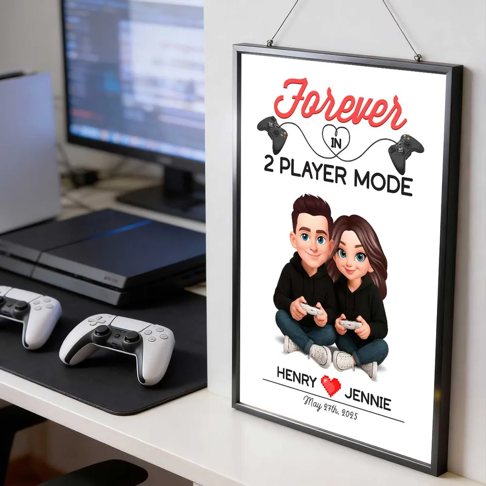 Personalized Gaming Couple Poster Forever In 2 Player Mode Sitting With Controllers Unique Gift For Him & Her - Image 6