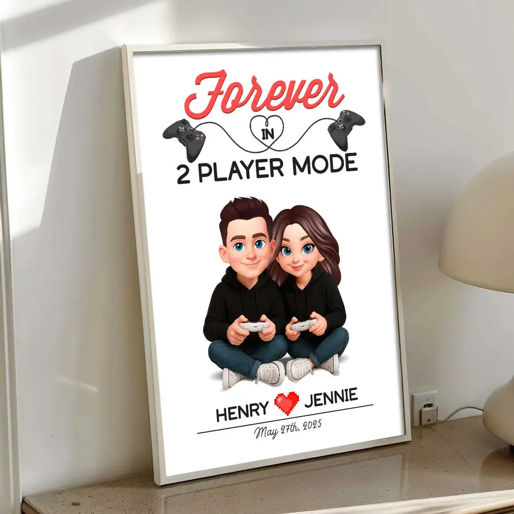Personalized Gaming Couple Poster Forever In 2 Player Mode Sitting With Controllers Unique Gift For Him & Her - Image 7