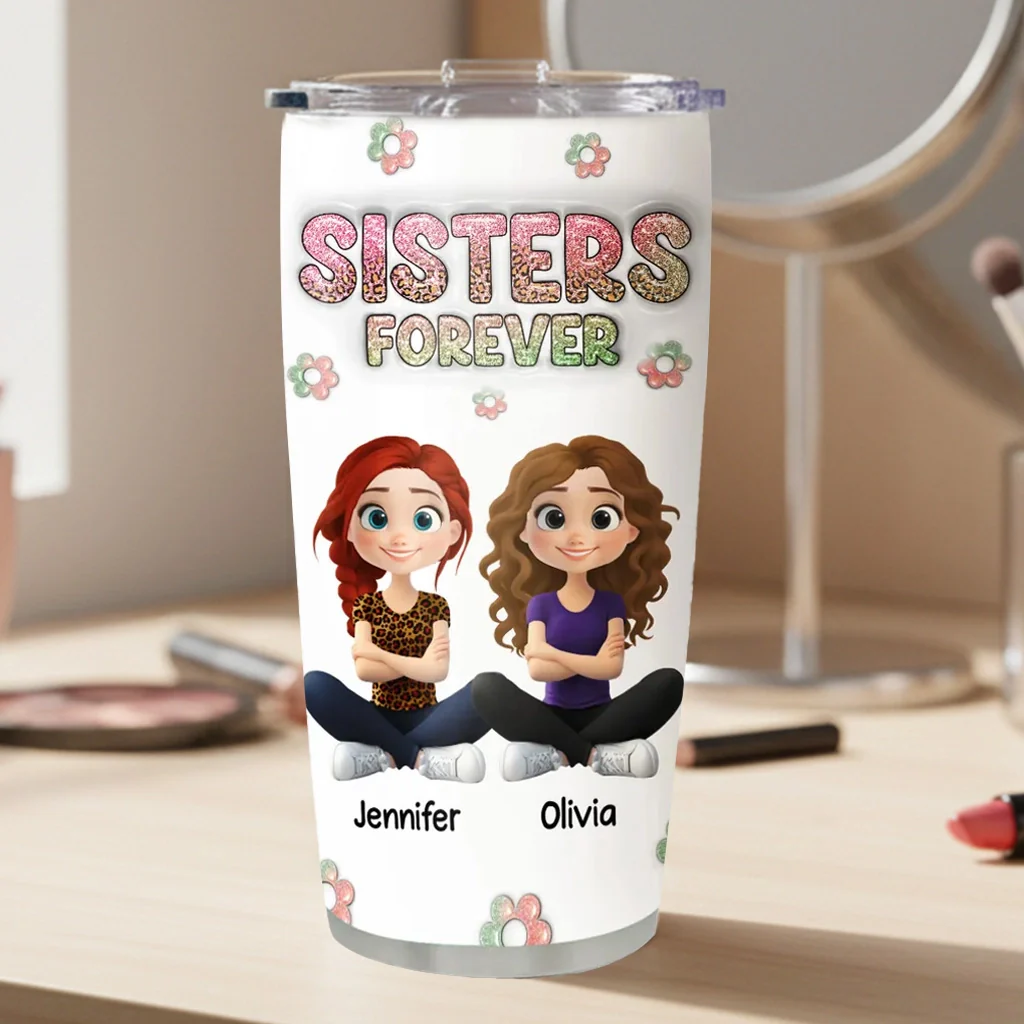 Personalized Insulated Travel Tumbler with Sisters Forever Cartoon Girls, Sparkly Pastel Gift for Sister