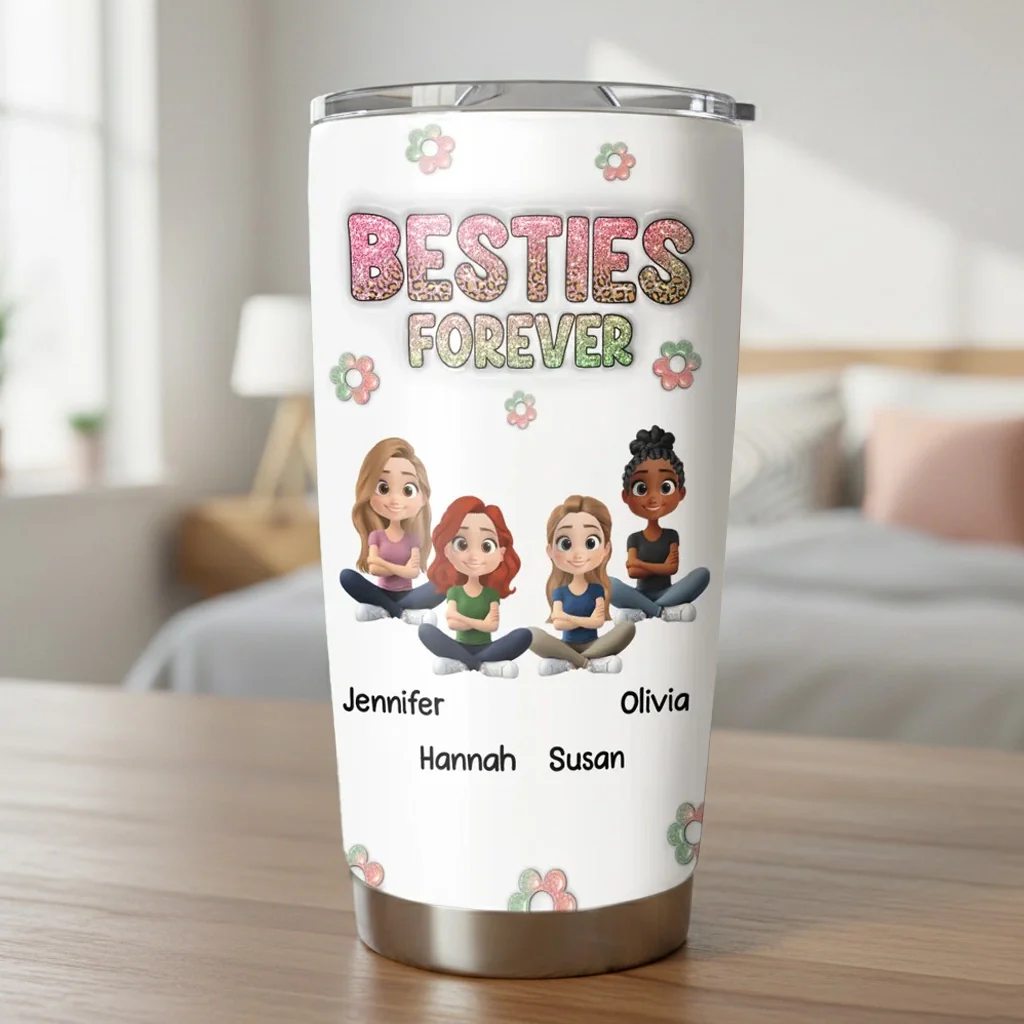 Personalized Insulated Travel Tumbler with Sisters Forever Cartoon Girls, Sparkly Pastel Gift for Sister - Image 4