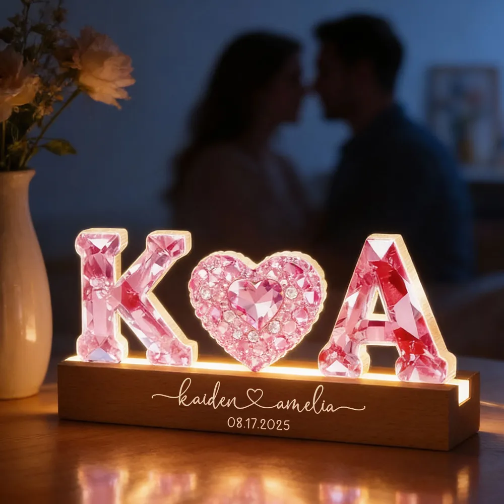 Personalized Shaped Acrylic Block LED Plaque With Initials & Heart, Romantic Nightstand Decor, Unique Gift for Couples