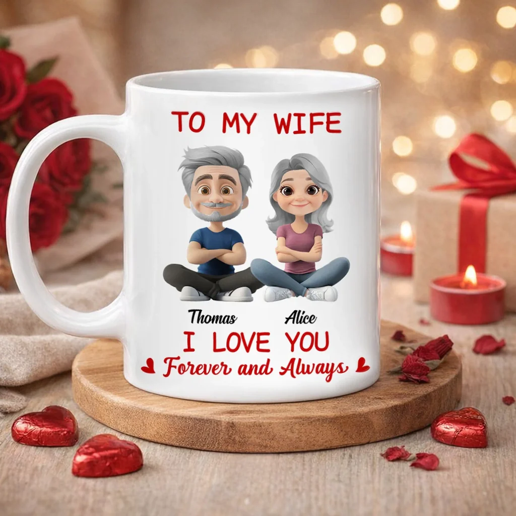 Personalized White Ceramic Mug for Wife, Cute Cartoon Couple Sitting, I Love You Forever and Always Unique Gift