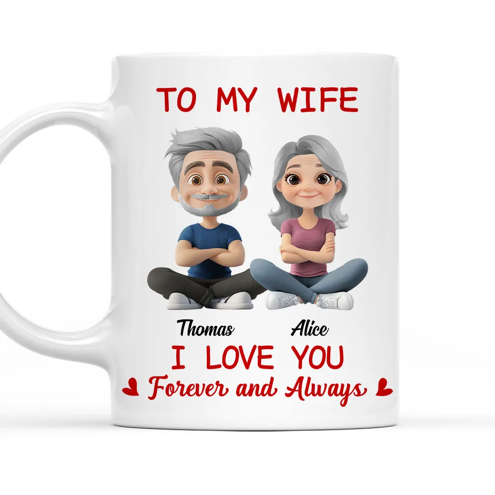 Personalized White Ceramic Mug for Wife, Cute Cartoon Couple Sitting, I Love You Forever and Always Unique Gift - Image 2