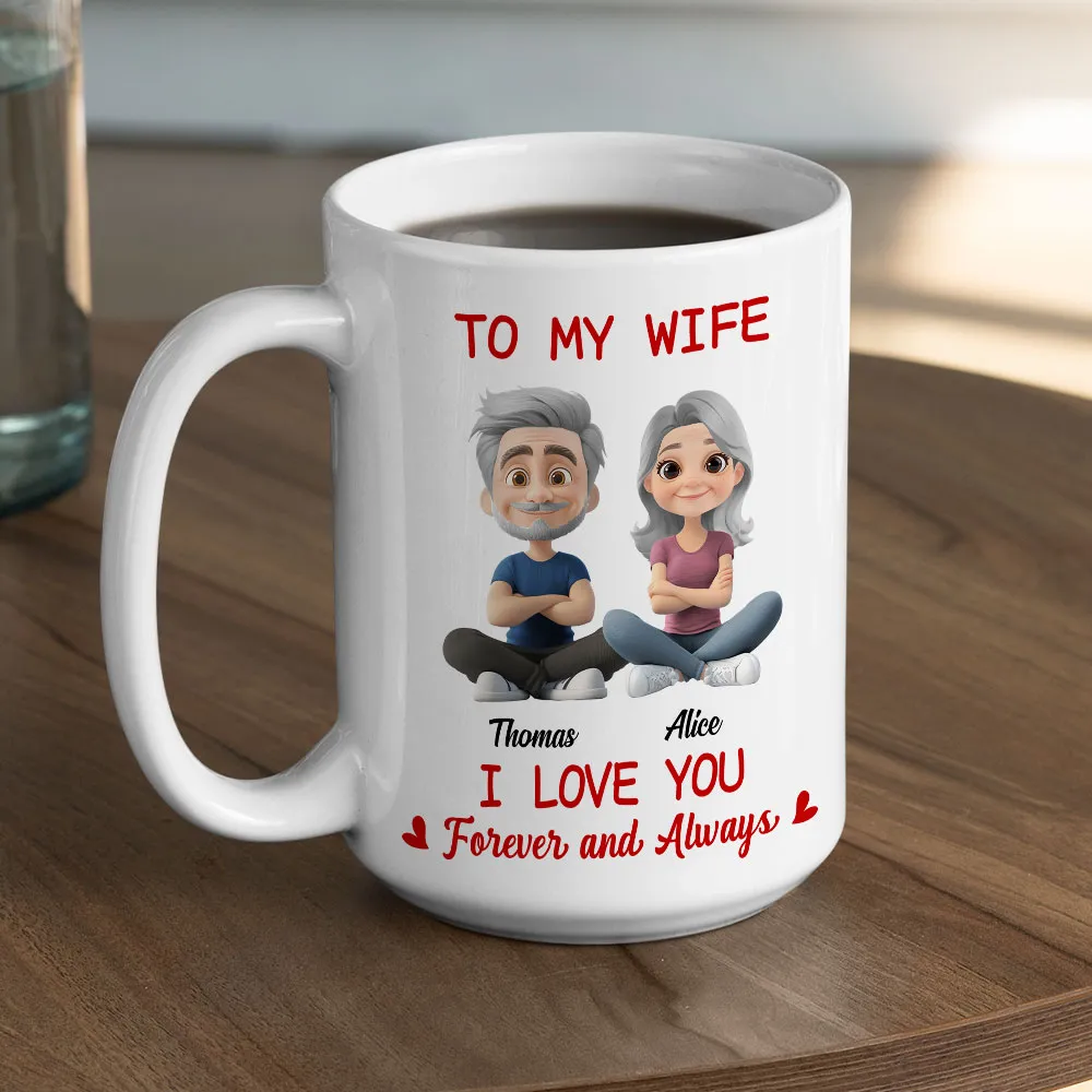 Personalized White Ceramic Mug for Wife, Cute Cartoon Couple Sitting, I Love You Forever and Always Unique Gift - Image 6