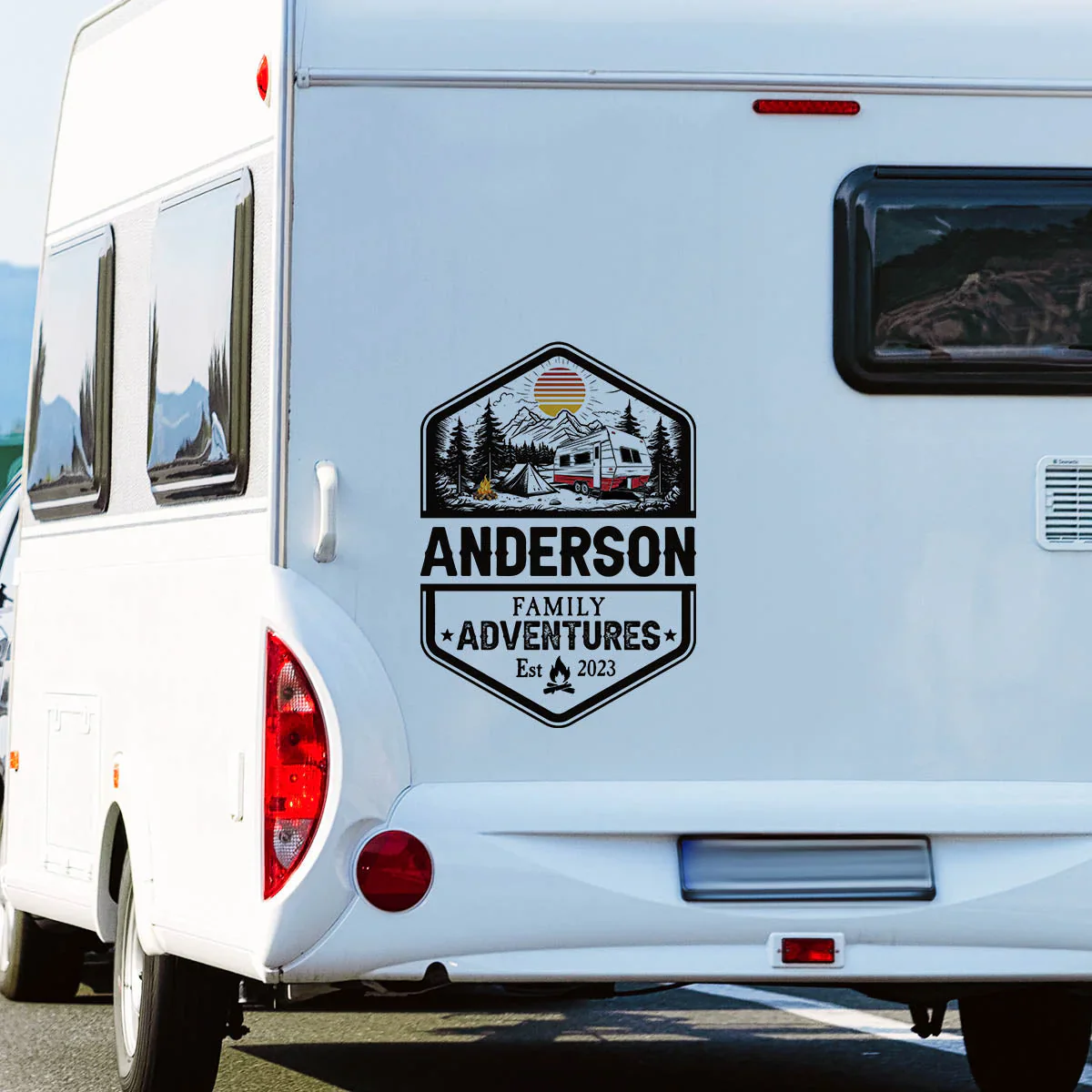 Personalized Sticker Decal for RV Camper Family Adventures Badge, Mountain Camping Scene, Unique Gift for Travel Lovers - Image 3