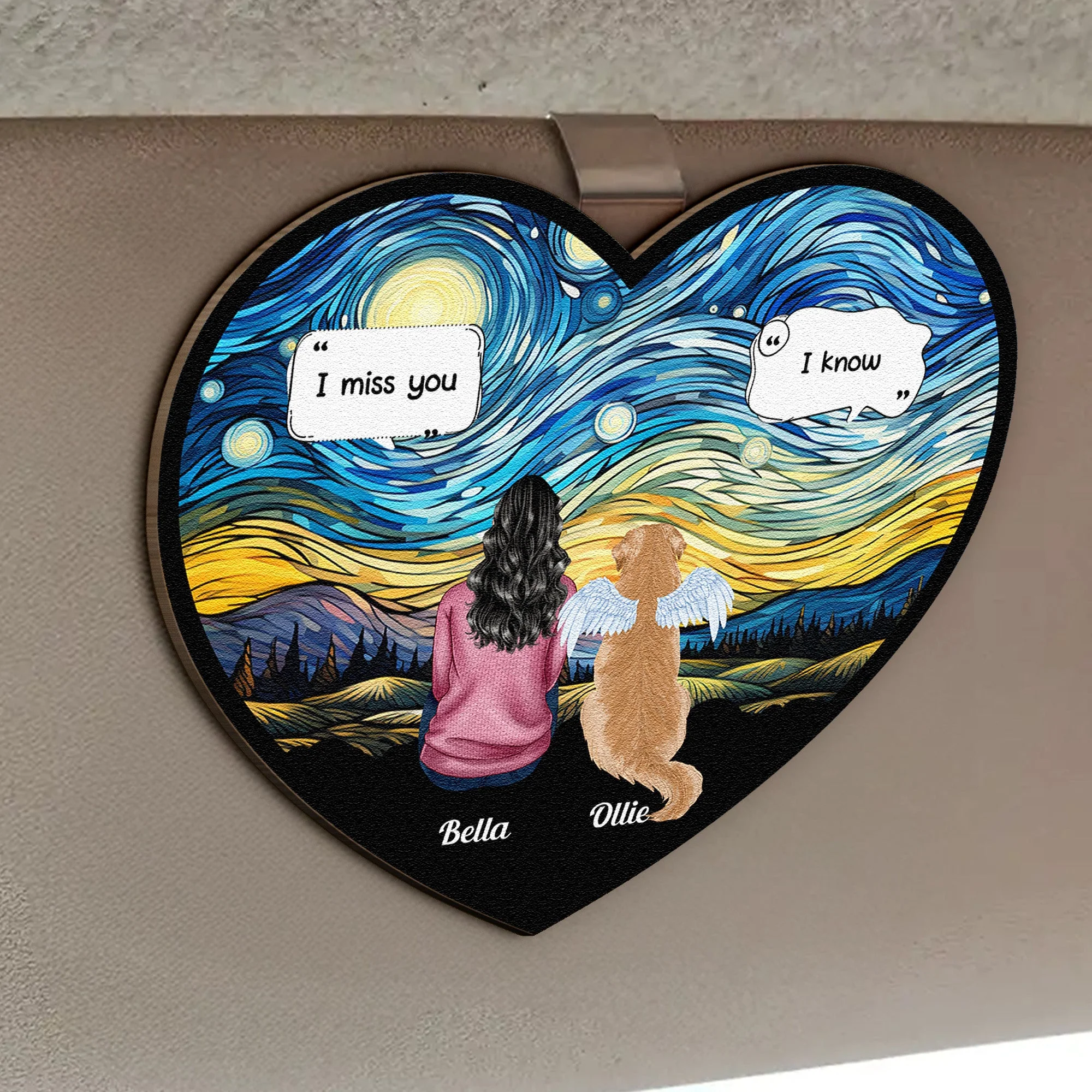 Sentimental Pet Tribute Wooden Car Visor Clip, Angel Wings Dog Design Under a Starry Sky - Personalized Unique Gift - Image 3