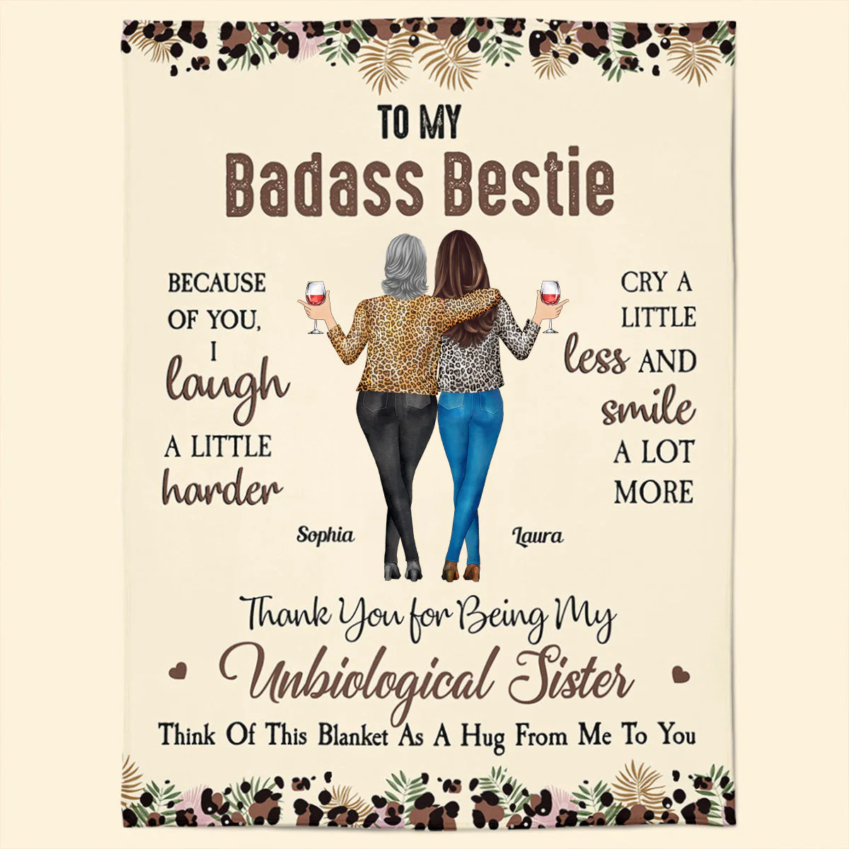 To My Badass Bestie Fleece Blanket, Personalized Friendship Hug Throw, Cute Leopard Floral Design, Creative Gift - Image 9