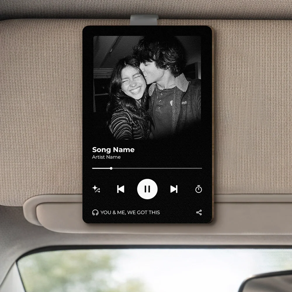Personalized Wooden Car Visor Clip with Music Player Photo Design, Couple Travel Keepsake, Unique Gift for Him or Her