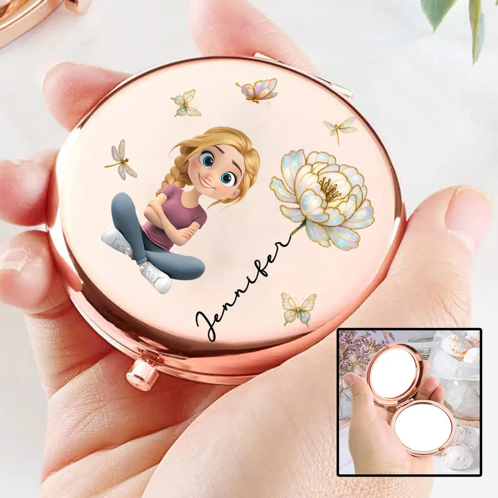 Personalized Metal Compact Mirror With Cute Cartoon Girl & Butterfly Florals - Unique Gift For Her, Purse-Ready Smile Booster - Image 2