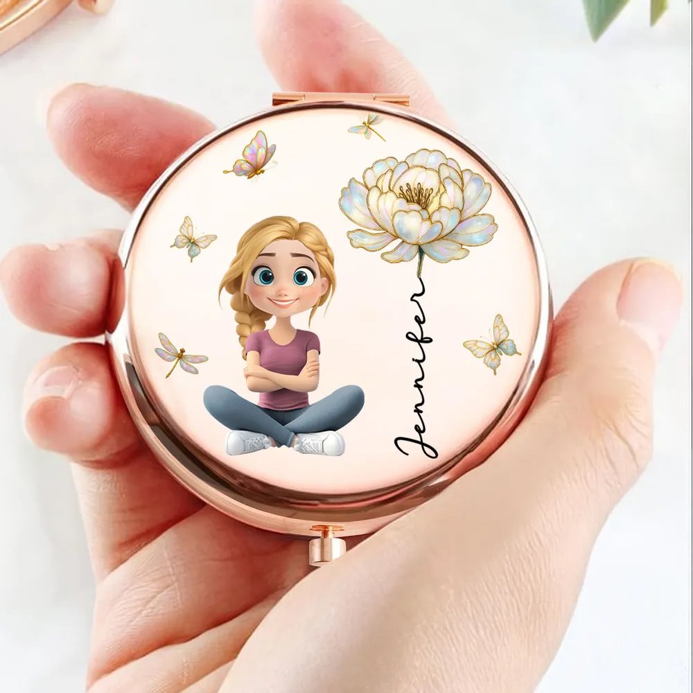 Personalized Metal Compact Mirror With Cute Cartoon Girl & Butterfly Florals - Unique Gift For Her, Purse-Ready Smile Booster - Image 3