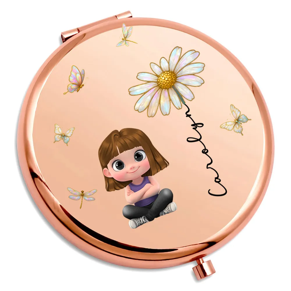 Personalized Metal Compact Mirror With Cute Cartoon Girl & Butterfly Florals - Unique Gift For Her, Purse-Ready Smile Booster - Image 4