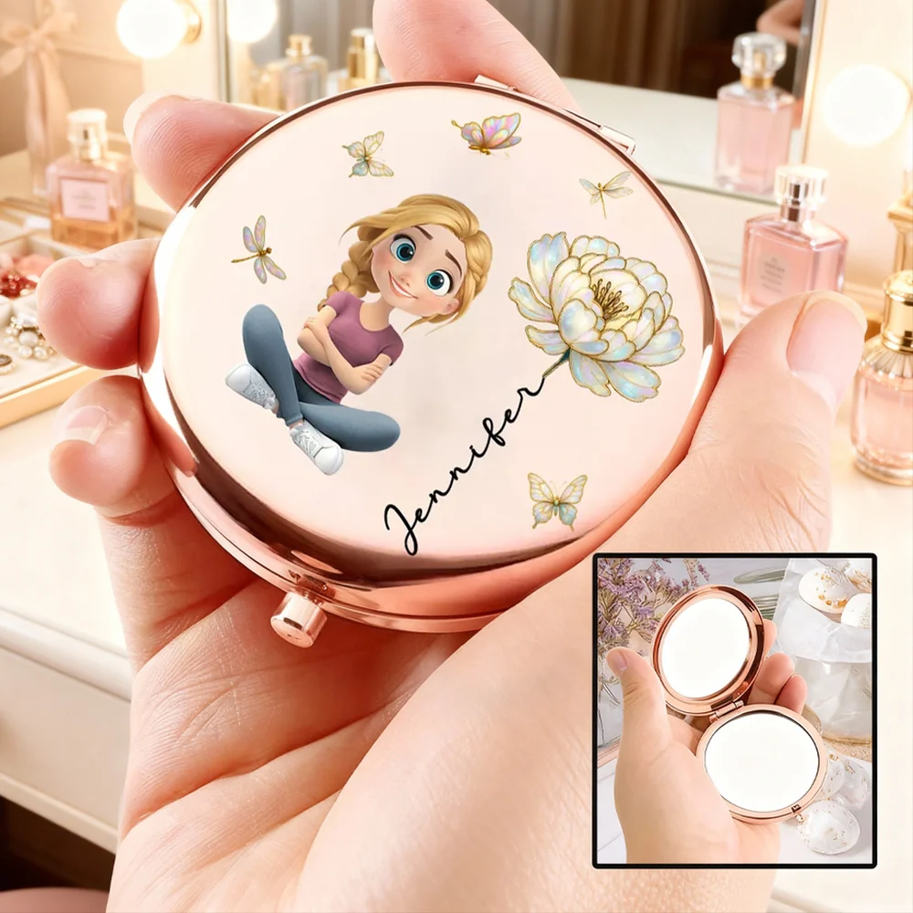 Personalized Metal Compact Mirror With Cute Cartoon Girl & Butterfly Florals - Unique Gift For Her, Purse-Ready Smile Booster - Image 5