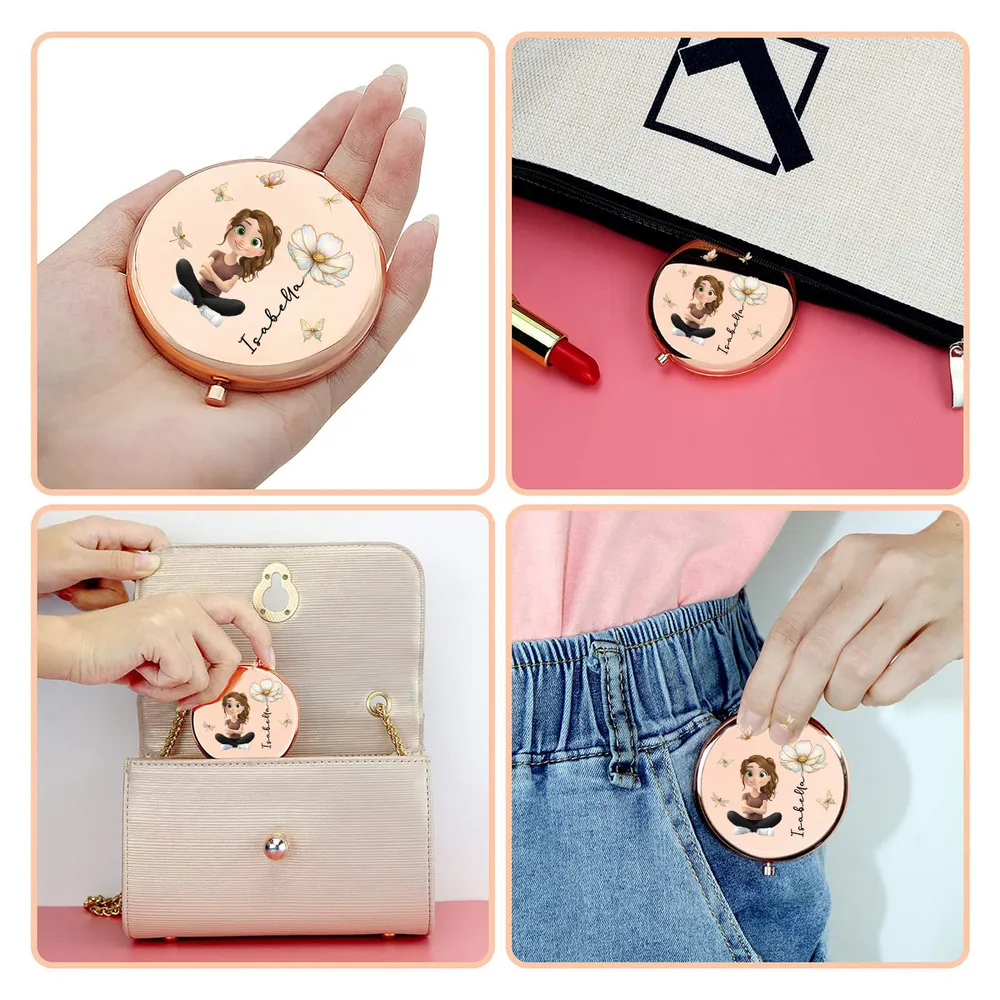 Personalized Metal Compact Mirror With Cute Cartoon Girl & Butterfly Florals - Unique Gift For Her, Purse-Ready Smile Booster - Image 7