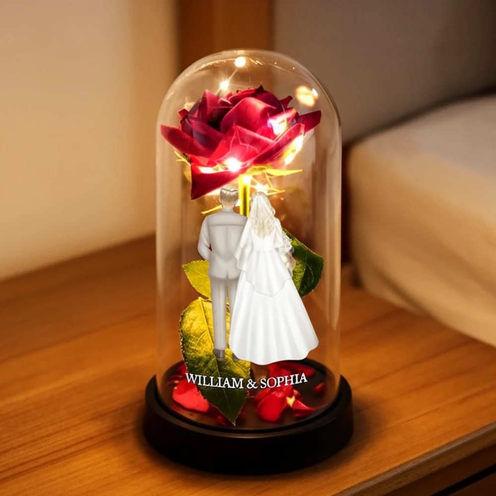 Lighted Eternal Rose Dome with Glowing Red Rose and Couple Back View, Sweet Romantic Decor, Unique Gift for Wife or Husband