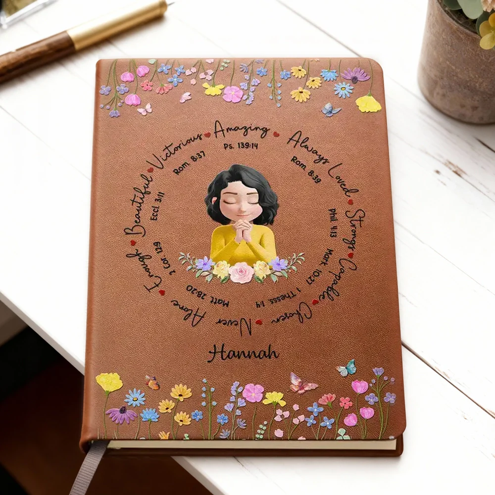 Personalized Leather Journal with Praying Girl and Floral Border, Unique Encouraging Gift for Her Daily Reflection