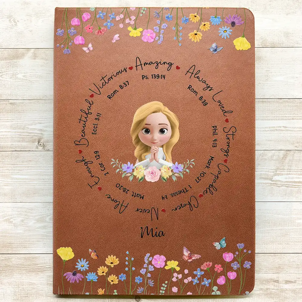 Personalized Leather Journal with Praying Girl and Floral Border, Unique Encouraging Gift for Her Daily Reflection - Image 3