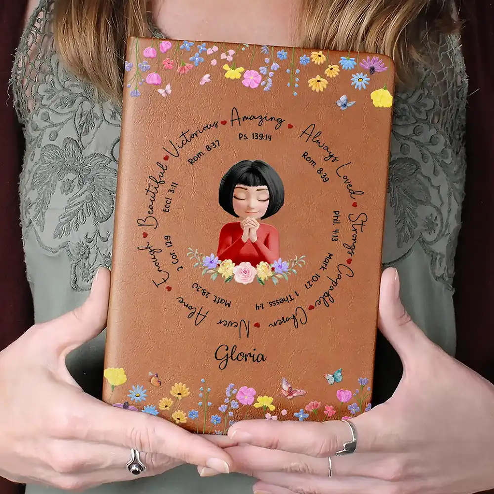 Personalized Leather Journal with Praying Girl and Floral Border, Unique Encouraging Gift for Her Daily Reflection - Image 4