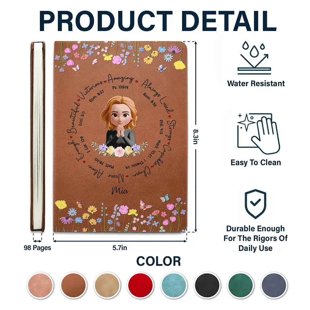 Personalized Leather Journal with Praying Girl and Floral Border, Unique Encouraging Gift for Her Daily Reflection - Image 6