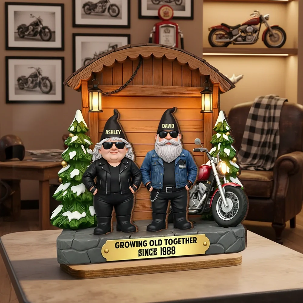 Personalized 2-Layer Wooden Plaque, Biker Couple by Motorcycle Cabin Scene, Unique Anniversary Gift for Him or Her