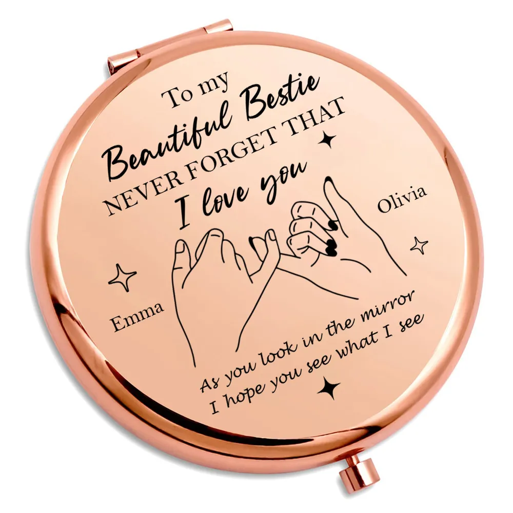Metal Compact Mirror With Bestie Love Quote And Pinky Promise Drawing, Thoughtful Personalized Gift For Friends - Image 4