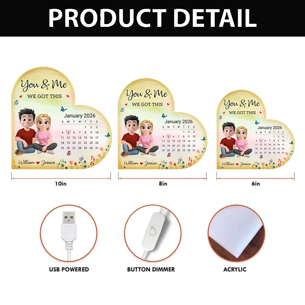 Personalized Heart Acrylic Light Box Calendar Night Light for Couples, You & Me We Got This, Warm Glow Unique Gift - Image 5