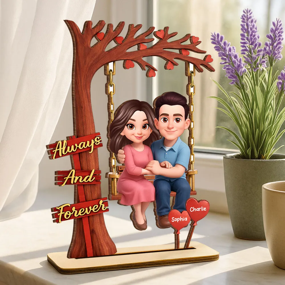 Personalized 2-Layer Wooden Plaque Couple on Swing Under Heart Tree, Always And Forever Romantic Unique Gift for Her or Him - Image 2