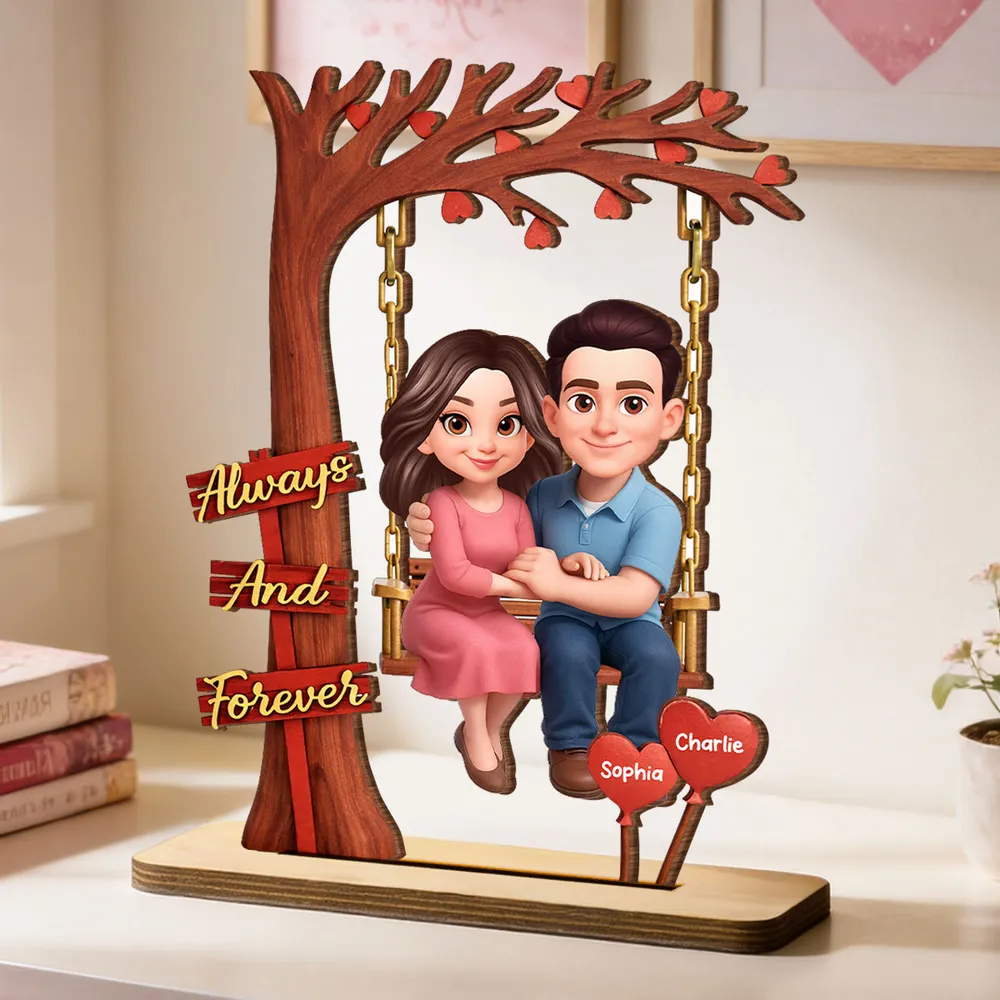 Personalized 2-Layer Wooden Plaque Couple on Swing Under Heart Tree, Always And Forever Romantic Unique Gift for Her or Him - Image 3