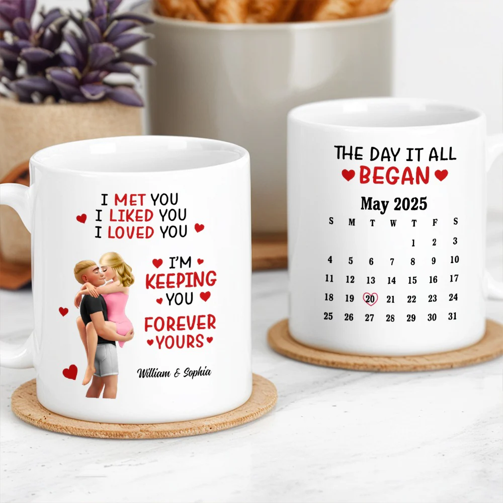Personalized Ceramic Mug Calendar 'The Day It All Began' Couple Design - Unique Valentine's Gift For Girlfriend Or Boyfriend - Image 2