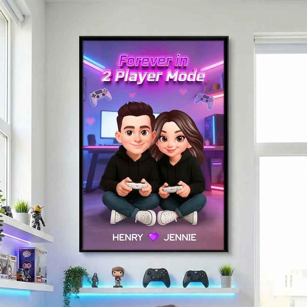 Personalized Gamer Couple Poster Forever in 2 Player Mode Neon Game Room Wall Art Unique Gift for Him or Her - Image 2