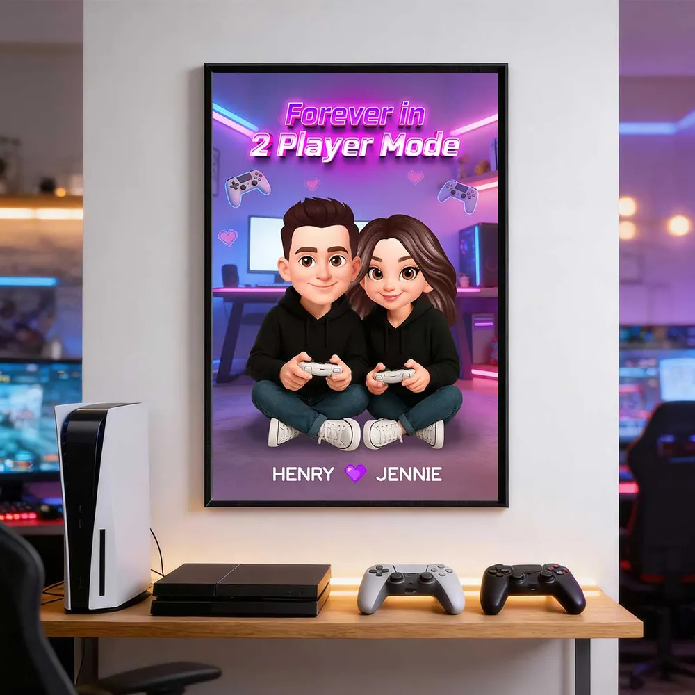 Personalized Gamer Couple Poster Forever in 2 Player Mode Neon Game Room Wall Art Unique Gift for Him or Her - Image 9