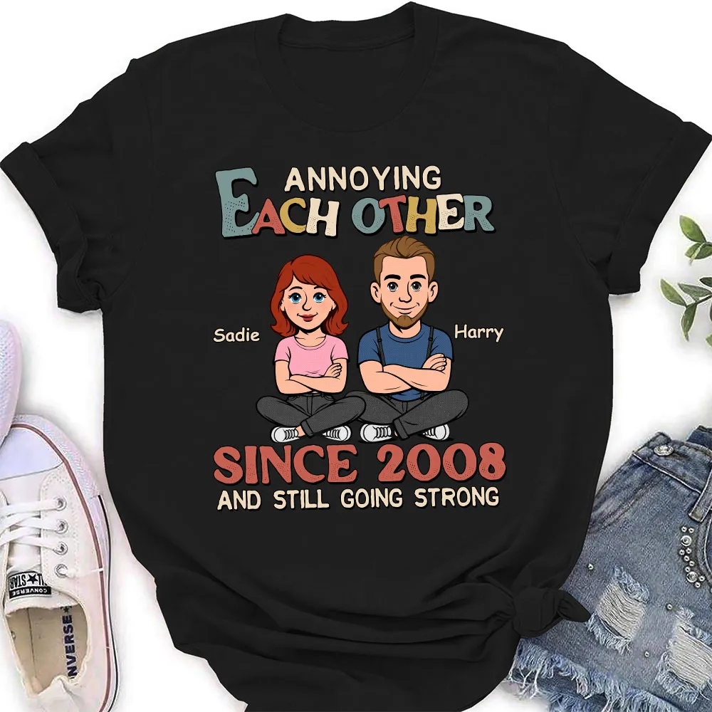 Personalized Classic Tee Funny Couple Cartoon Sitting Together Cute Gift for Husband or Wife Annoying Each Other Vibe - Image 4