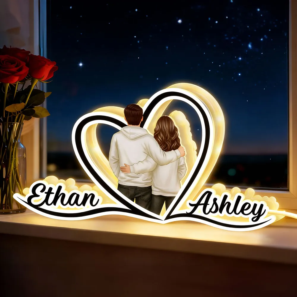 Personalized Couple Acrylic Light Box with Heart Outline, Warm Glow Bedroom Decor, Unique Gift for Him or Her