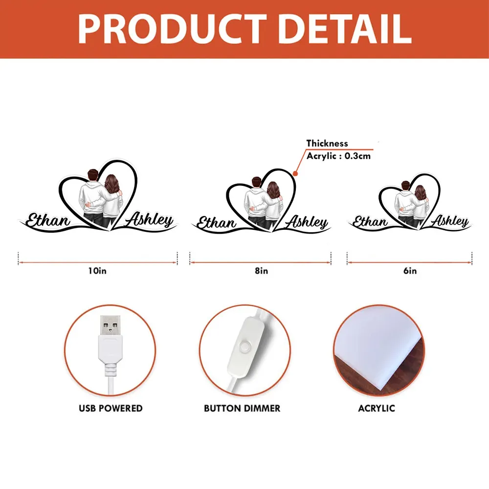 Personalized Couple Acrylic Light Box with Heart Outline, Warm Glow Bedroom Decor, Unique Gift for Him or Her - Image 4