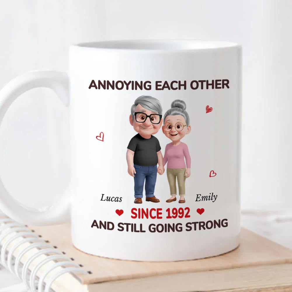 Personalized White Ceramic Mug with Cute Couple Cartoon and Hearts, Funny 'Annoying Each Other' Unique Gift for Couples - Image 2