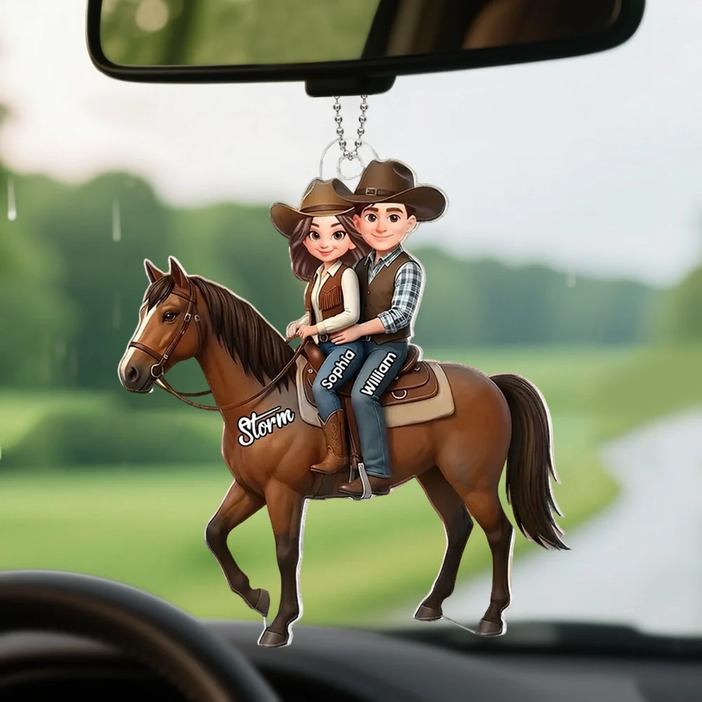 Personalized Acrylic Car Hanger Cute Cartoon Couple Riding a Horse, Unique Car Mirror Decor Gift for Horse Lovers - Image 7