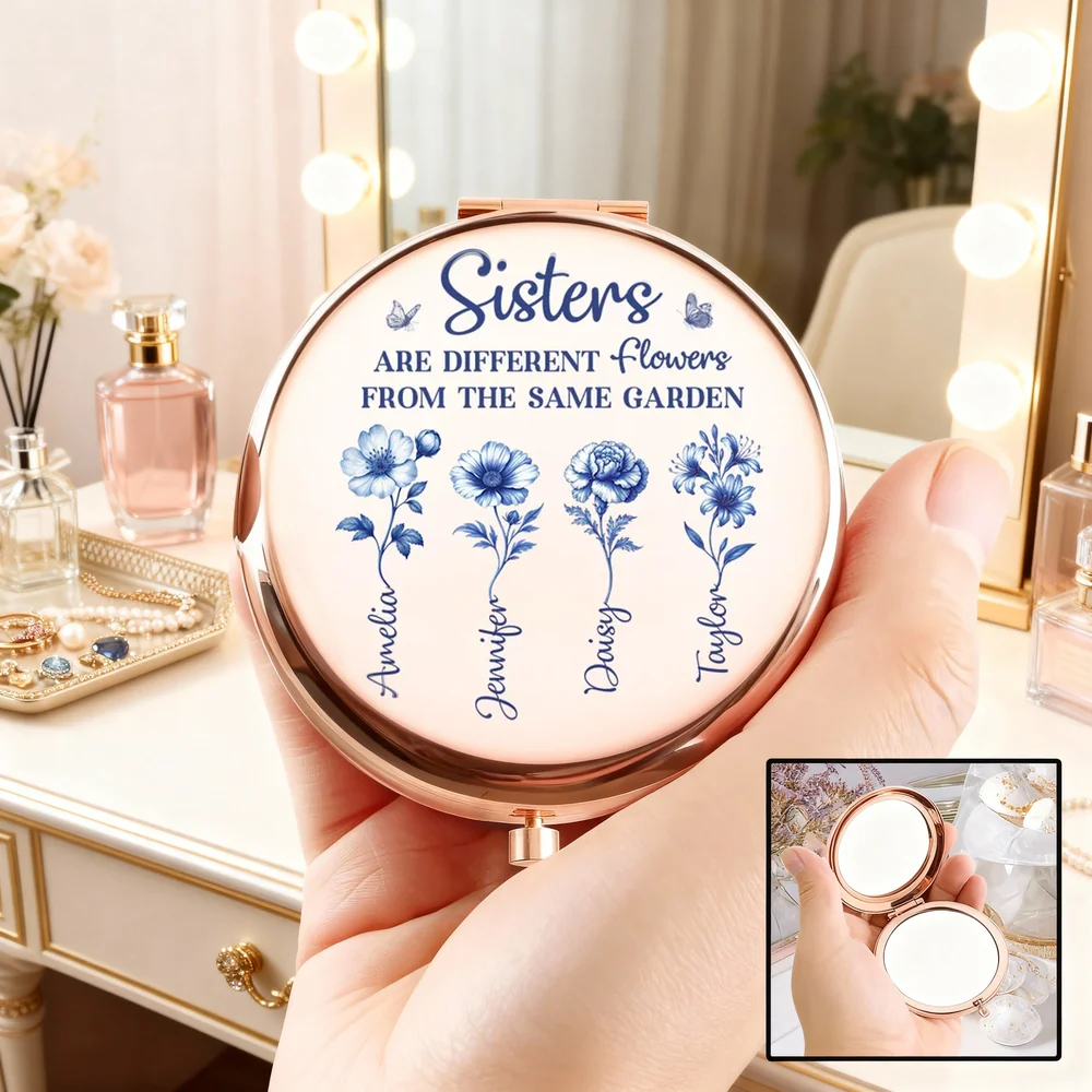 Personalized Metal Compact Mirror Sisters Are Different Flowers Gift, Blue Floral Quote, Unique Sister Gift