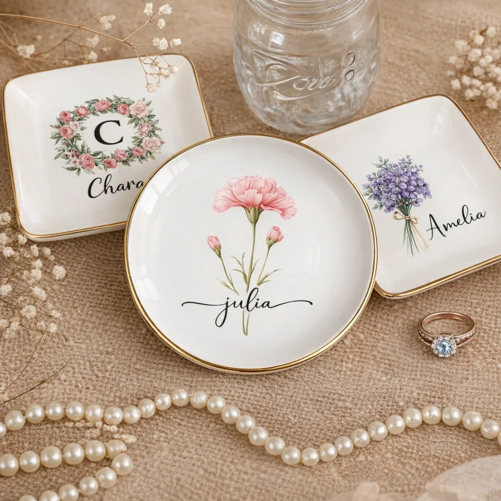 Personalized Birth Flower Jewelry Dish, Vanity Decor Keepsake Tray, Unique Gift For Her