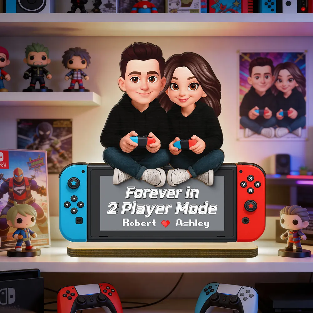 2-Layer Wooden Plaque Personalized Gaming Couple Sitting with Controllers - Forever in 2 Player Mode Romantic Gift for Gamers - Image 10