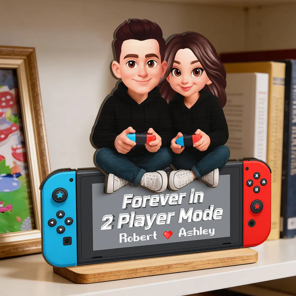 2-Layer Wooden Plaque Personalized Gaming Couple Sitting with Controllers - Forever in 2 Player Mode Romantic Gift for Gamers - Image 2