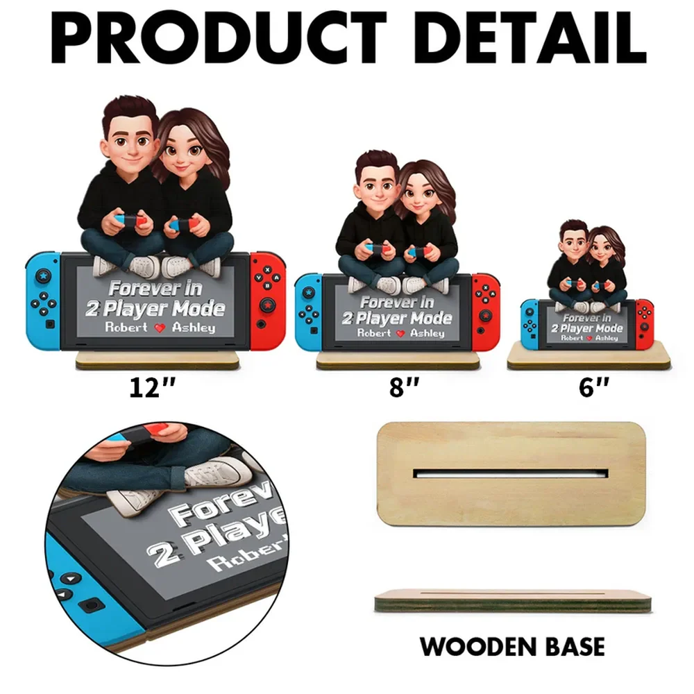 2-Layer Wooden Plaque Personalized Gaming Couple Sitting with Controllers - Forever in 2 Player Mode Romantic Gift for Gamers - Image 4