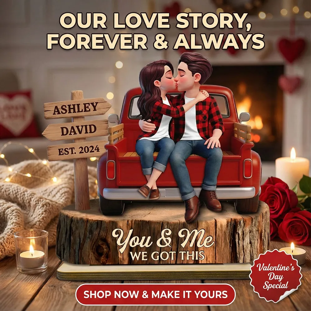 2-Layer Wooden Plaque Personalized Couple Keepsake, Cozy Red Truck Kissing Scene for Living Room Display, Heartfelt Gift - Image 5
