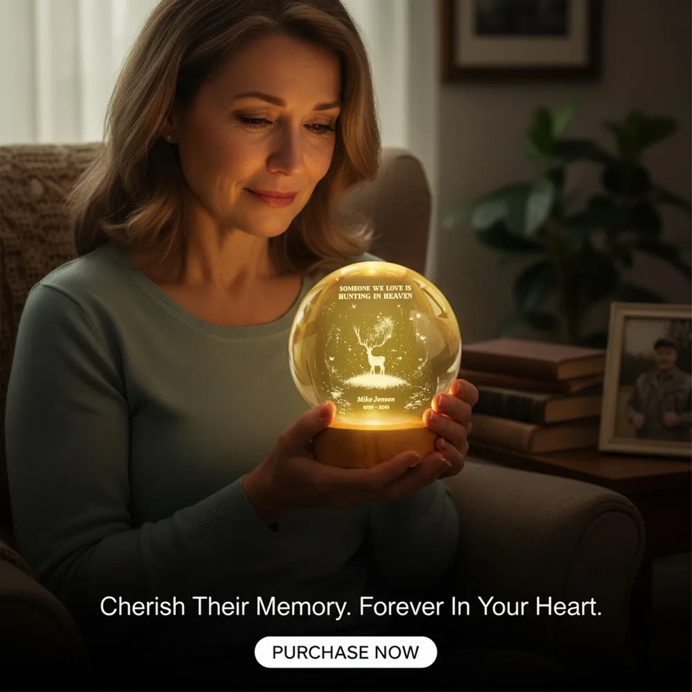 Personalized Crystal Ball LED Night Light Gone Hunting in Heaven Memorial Night Light, Unique Remembrance Gift - Image 3