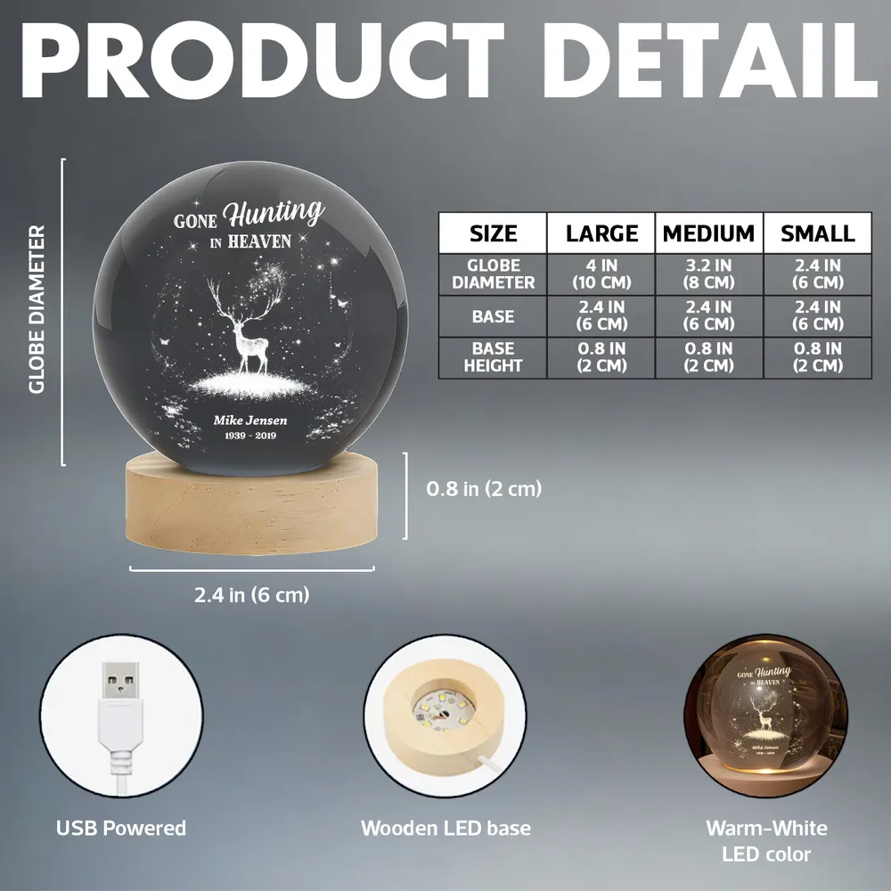 Personalized Crystal Ball LED Night Light Gone Hunting in Heaven Memorial Night Light, Unique Remembrance Gift - Image 5