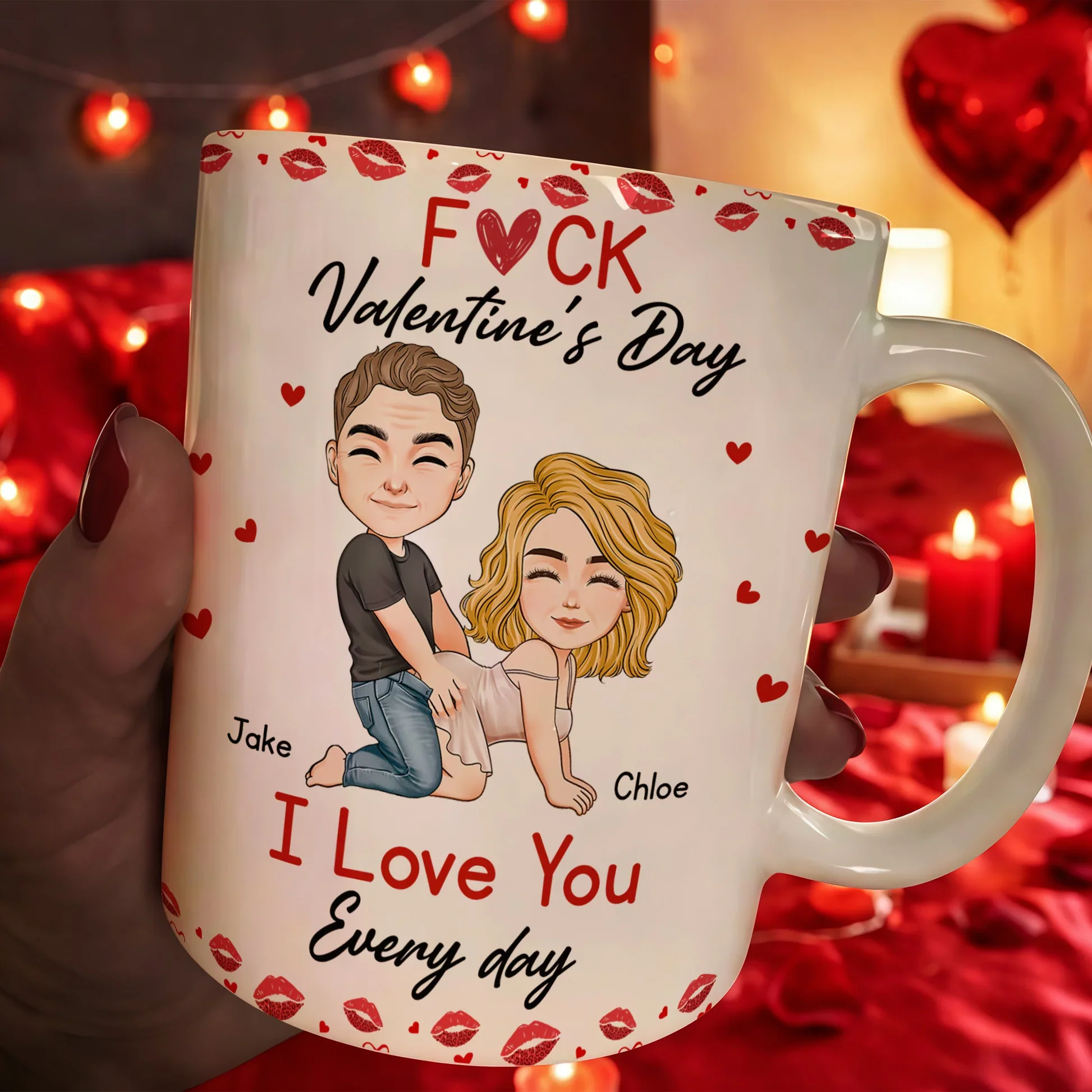 Ceramic Mug With Playful Valentine Hearts and Kiss Prints, Personalized Couple Gift, Funny Romantic Daily Coffee Surprise - Image 2