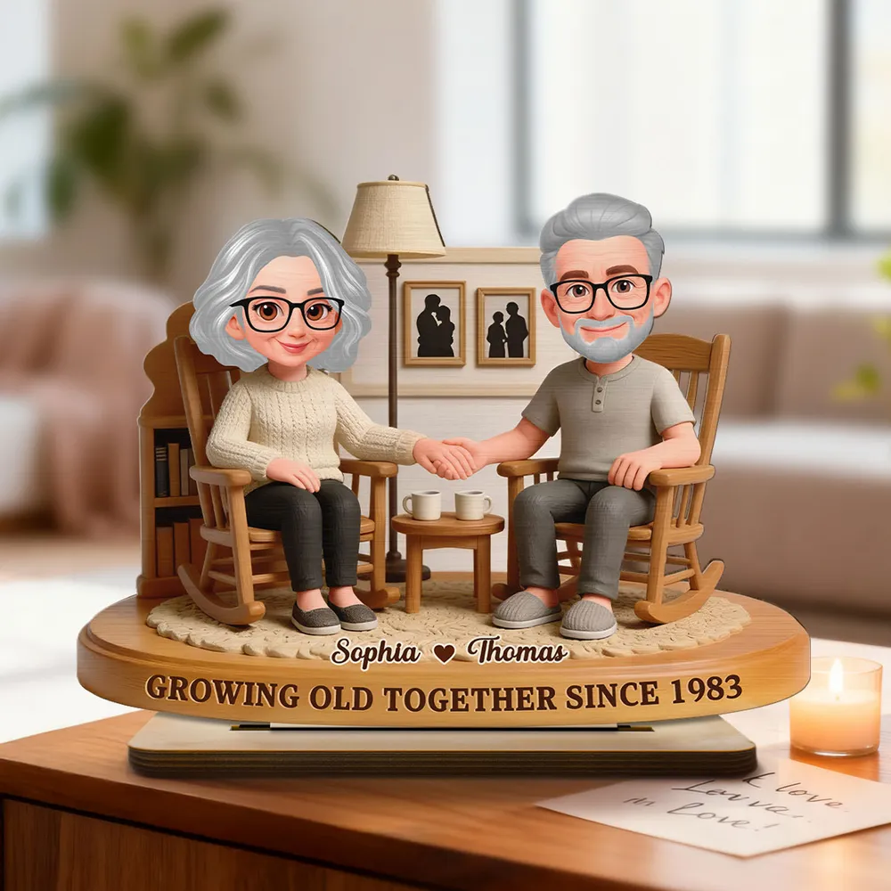 Personalized 2-Layer Wooden Plaque Elderly Couple Holding Hands in Cozy Living Room, Unique Anniversary Gift for Him or Her - Image 2