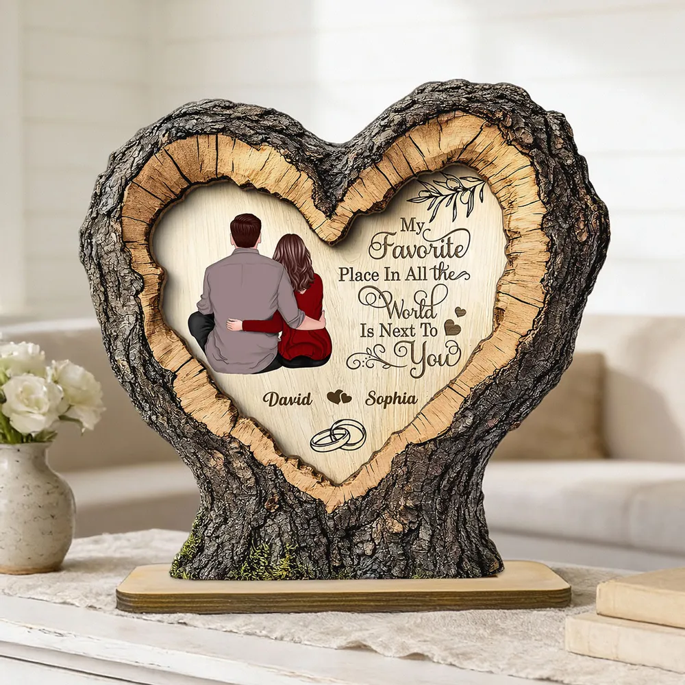 Personalized 2-Layer Wooden Plaque Heart Tree Ring Couple Hugging Unique Gift for Wife or Husband, My Favorite Place Is Next To You - Image 2