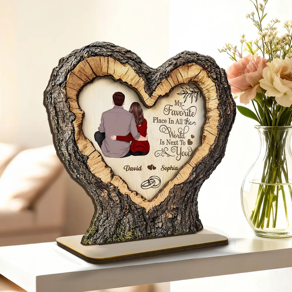 Personalized 2-Layer Wooden Plaque Heart Tree Ring Couple Hugging Unique Gift for Wife or Husband, My Favorite Place Is Next To You - Image 3