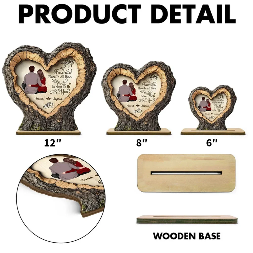 Personalized 2-Layer Wooden Plaque Heart Tree Ring Couple Hugging Unique Gift for Wife or Husband, My Favorite Place Is Next To You - Image 4