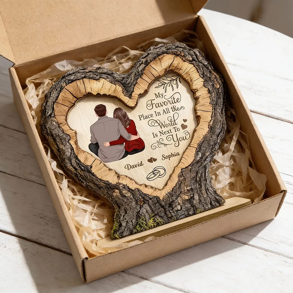 Personalized 2-Layer Wooden Plaque Heart Tree Ring Couple Hugging Unique Gift for Wife or Husband, My Favorite Place Is Next To You - Image 8